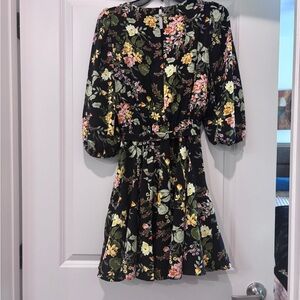Sugarlips Black Floral V-Neck Puff Sleeve Mini Dress